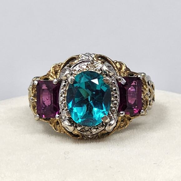 Vintage Sterling Silver Blue Topaz Amethyst Diamond Size 10 Ring